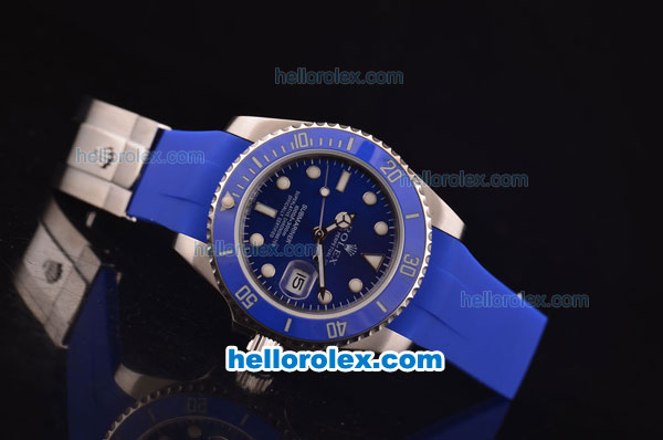 Rolex Submariner Asia 2813 Automatic Steel Case Blue Ceramic Bezel with Blue Dial and Blue Rubber Strap - ETA Coating - Click Image to Close